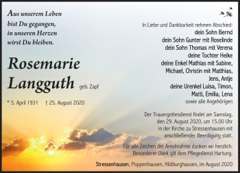 Traueranzeige von Rosemarie Langguth von Südthüringer Presse