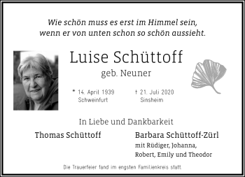 Traueranzeige von Luise Schüttoff von Neue Presse Coburg