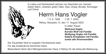 Traueranzeige von Hans Vogel von Frankenpost