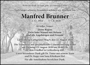 Traueranzeige von Manfred Brunner von Frankenpost