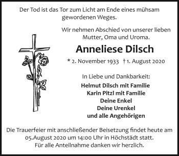 Traueranzeige von Anneliese Dilsch von Frankenpost