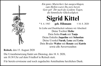 Traueranzeige von Sigrid Kittel von Neue Presse Coburg