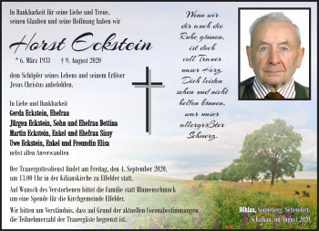 Traueranzeige von Horst Eckstein von Südthüringer Presse