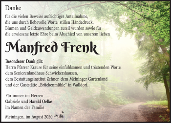 Traueranzeige von Manfred Frenk von Südthüringer Presse