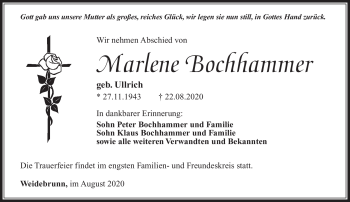 Traueranzeige von Marlene Bochhammer von Südthüringer Presse