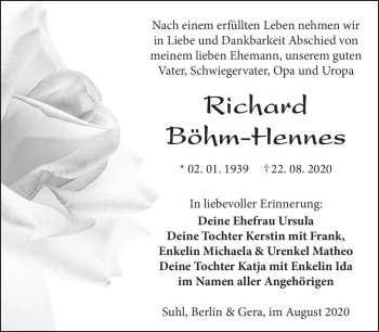 Traueranzeige von Richard Böhn-Hennes von Südthüringer Presse