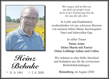 Traueranzeige von Heinz Behnke von Südthüringer Presse