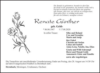 Traueranzeige von Renate Günther von Südthüringer Presse