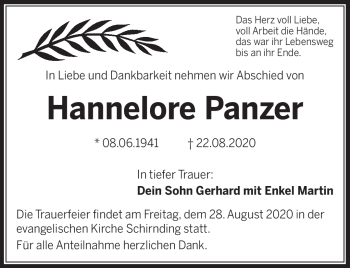 Traueranzeige von Hannelore Panzer von Frankenpost