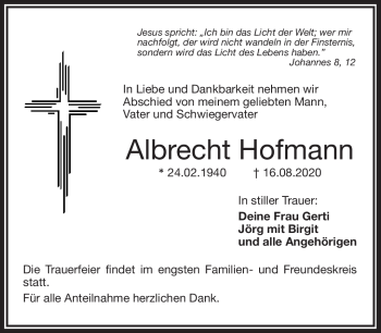 Traueranzeige von Albrecht Hofmann von Frankenpost