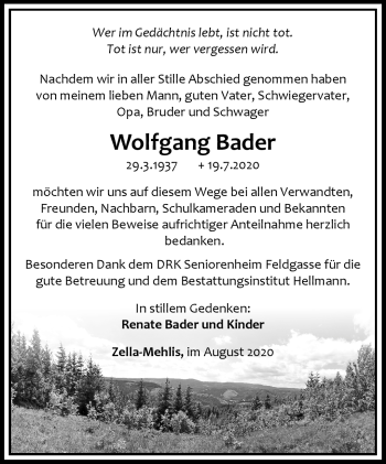 Traueranzeige von Wolfgang Bader von Südthüringer Presse