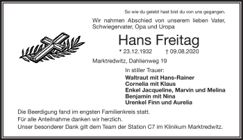 Traueranzeige von Hans Freitag von Frankenpost