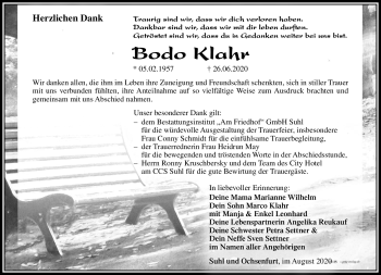 Traueranzeige von Bodo Klahr von Südthüringer Presse