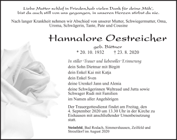 Traueranzeige von Hannelore Oestreicher von Südthüringer Presse
