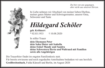 Traueranzeige von Hildegard Schöler von Südthüringer Presse