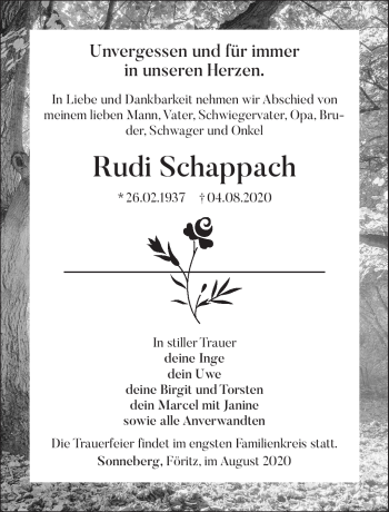 Traueranzeige von Rudi Schappach von Südthüringer Presse