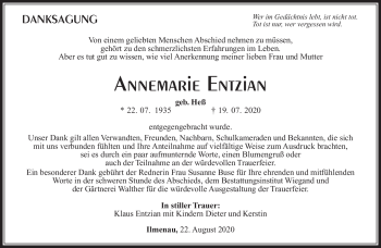 Traueranzeige von Annemarie Entzian von Südthüringer Presse