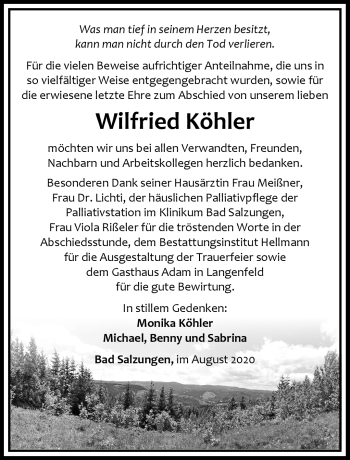 Traueranzeige von Wilfried Köhler von Südthüringer Presse