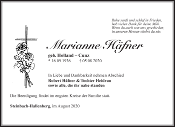 Traueranzeige von Marianne Häfner von Südthüringer Presse