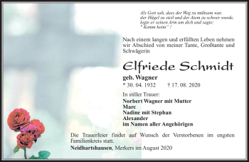Traueranzeige von Elfriede Schmidt von Südthüringer Presse