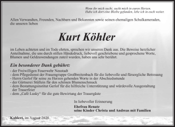 Traueranzeige von Kurt Köhler von Südthüringer Presse