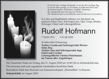 Traueranzeige von Rudolf Hofmann von Südthüringer Presse