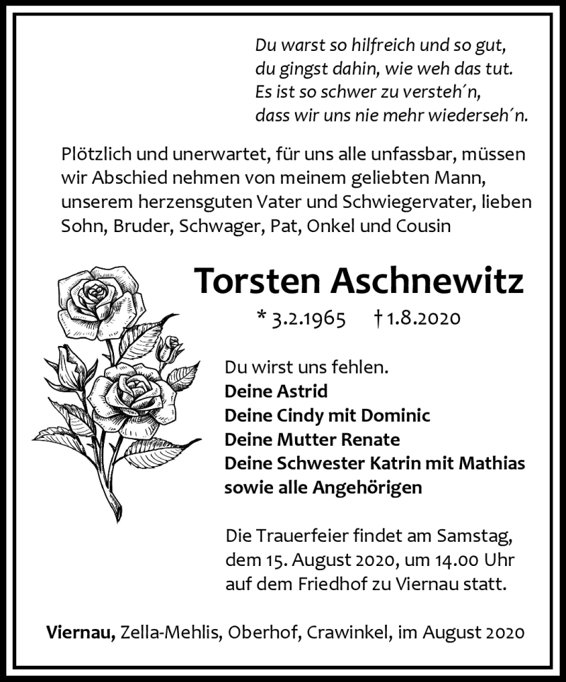  Traueranzeige für Torsten Aschnewitz vom 08.08.2020 aus Südthüringer Presse