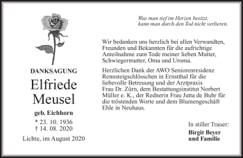 Traueranzeige von Elfriede Meusel von Südthüringer Presse