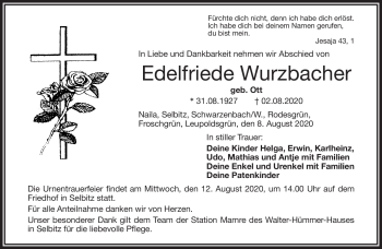 Traueranzeige von Edelfriede Wurzbacher von Frankenpost