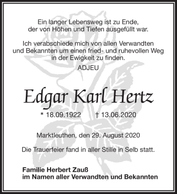 Traueranzeige von Edgar Karl Hertz von Frankenpost