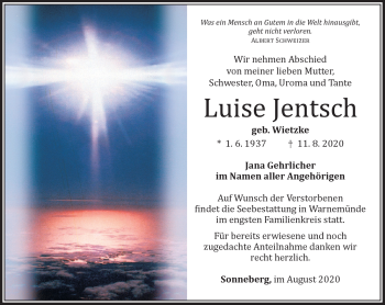 Traueranzeige von Luise Jentsch von Südthüringer Presse