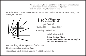 Traueranzeige von Ilse Männer von Frankenpost