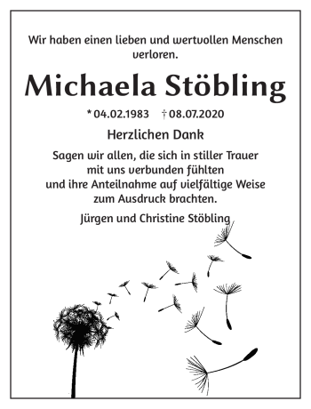 Traueranzeige von Michaela Stöbling von Südthüringer Presse