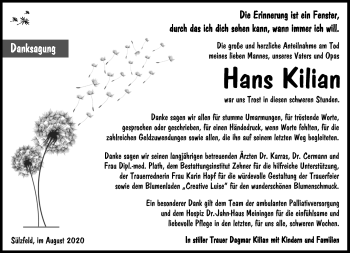 Traueranzeige von Hans Kilian von Südthüringer Presse