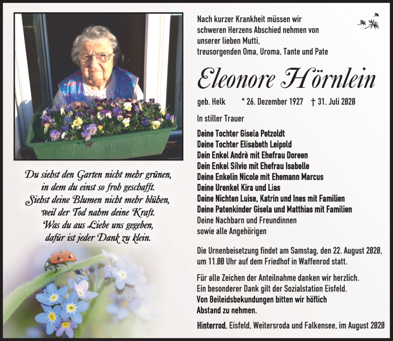  Traueranzeige für Eleonore Hörnlein vom 08.08.2020 aus Südthüringer Presse