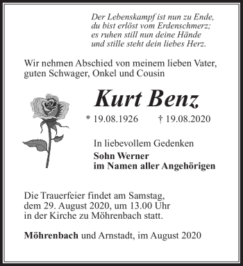 Traueranzeige von Kurt Benz von Südthüringer Presse