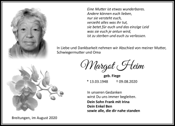 Traueranzeige von Margot Heim von Südthüringer Presse
