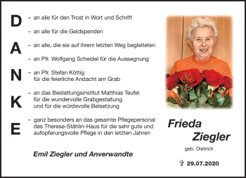 Traueranzeige von Frieda Ziegler von Neue Presse Coburg