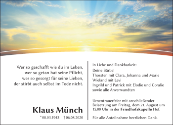 Traueranzeige von Klaus Münch von Frankenpost