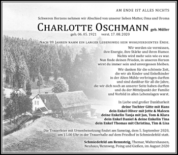 Traueranzeige von Charlotte Oschmann von Südthüringer Presse