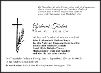 Traueranzeige von Gerhard Tischer von Südthüringer Presse