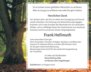 Traueranzeige von Frank Hellmuth von Südthüringer Presse
