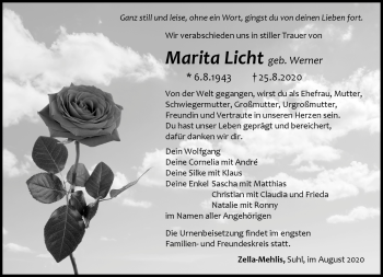 Traueranzeige von Marita Licht von Südthüringer Presse