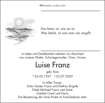 Traueranzeige von Luise Franz von Südthüringer Presse