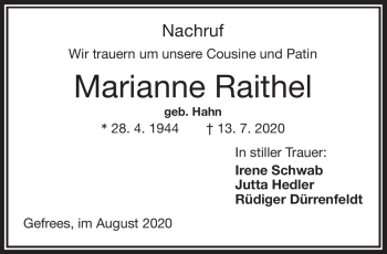 Traueranzeige von Marianne Raithel von Frankenpost