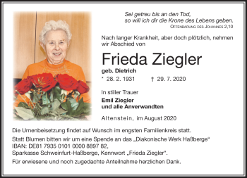 Traueranzeige von Frieda Ziegler von Neue Presse Coburg