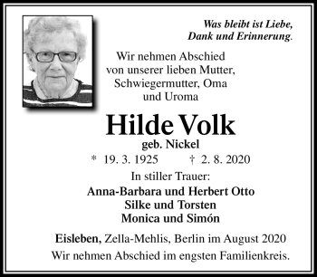 Traueranzeige von Hilde Volk von Südthüringer Presse