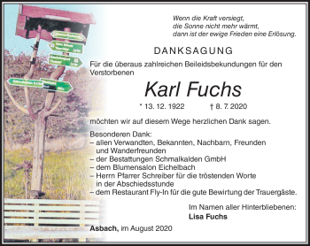 Traueranzeige von Karl Fuchs von Südthüringer Presse