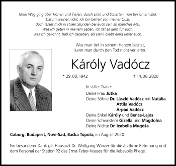 Traueranzeige von Károly Vadocz von Neue Presse Coburg