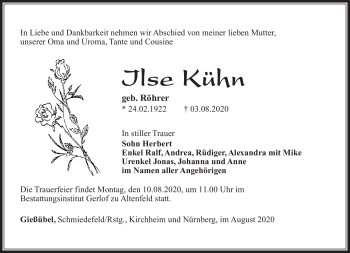 Traueranzeige von Ilse Kühn von Südthüringer Presse